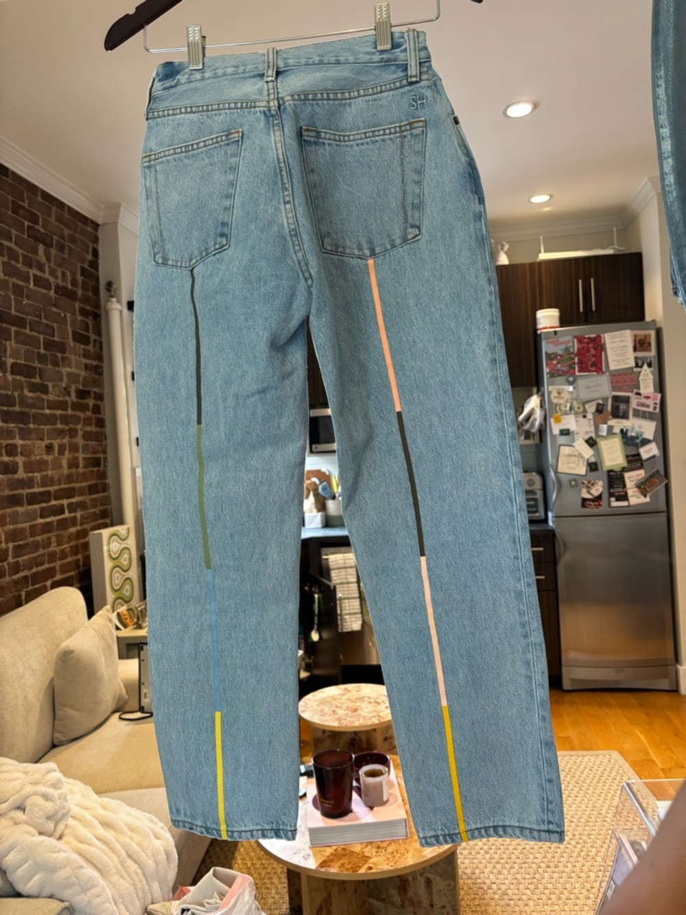 Straight-Leg Women's Jeans in Light Blue with Vertical Color Stripe Details